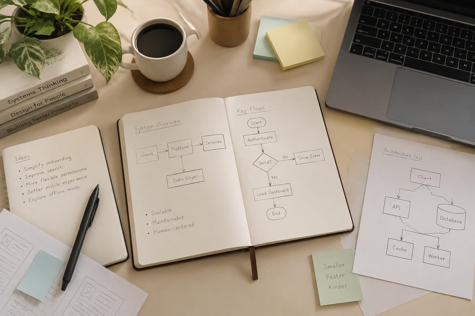 A workspace desk with an open notebook showing hand-drawn system architecture and flow diagrams