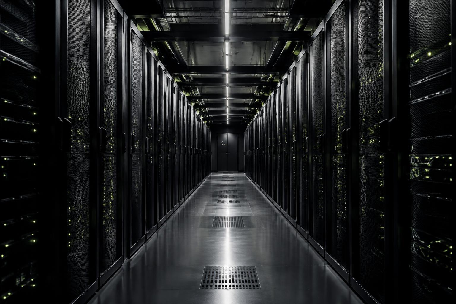 A dark data centre corridor lined with server racks showing status indicator lights